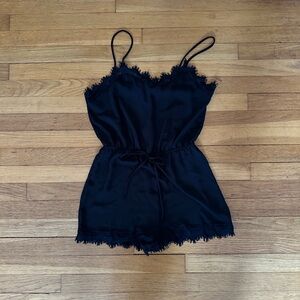 Black Satin Lace Trim Romper
